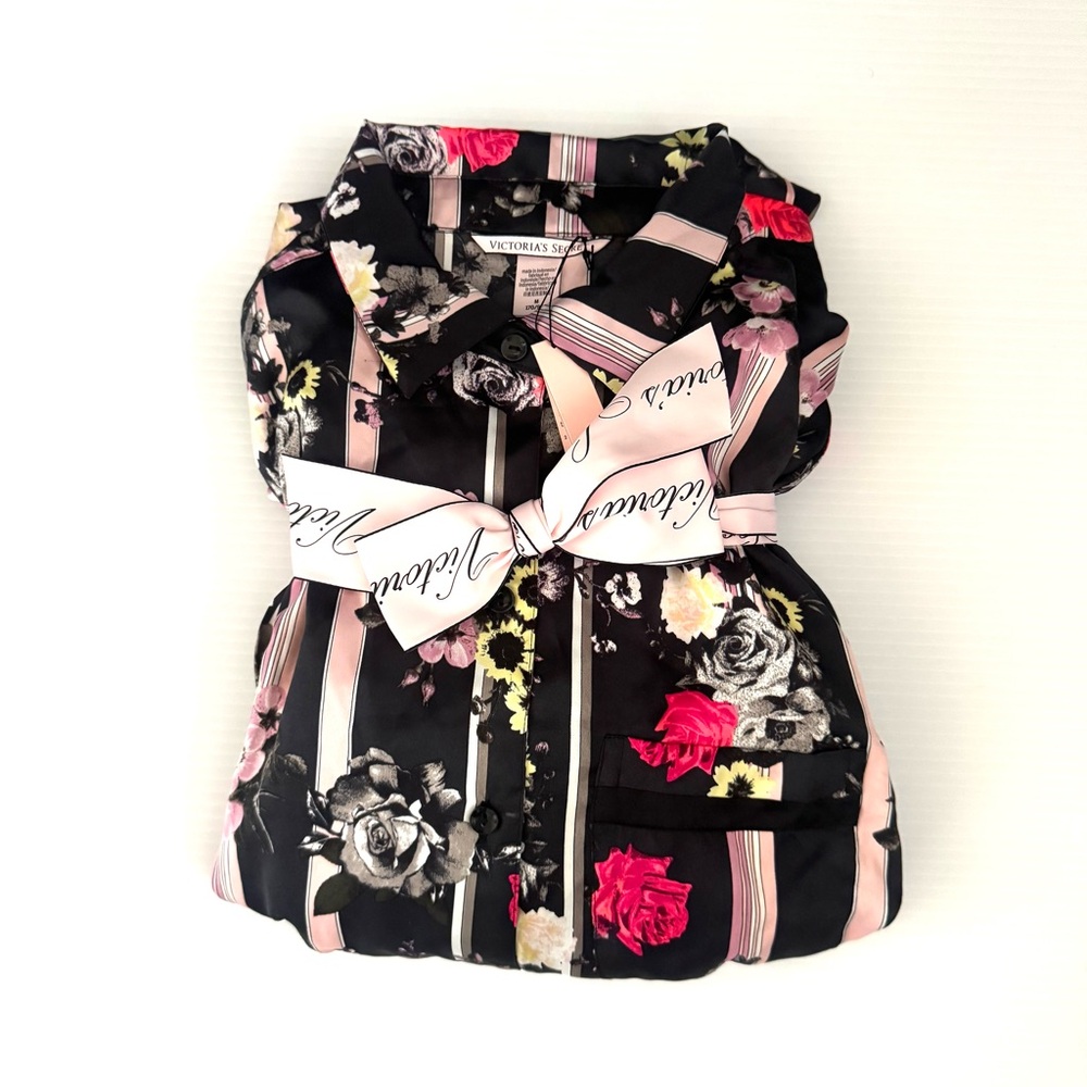 Victoria's Secret Satin PJs Pajamas Black Floral Stripe Print VS Size Medium - Picture 3 of 8